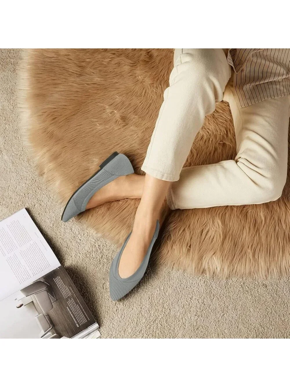 Women's Grey Flats Shoes Pointed Toe Knit Ballet Comfortable Dressy Mesh Flat